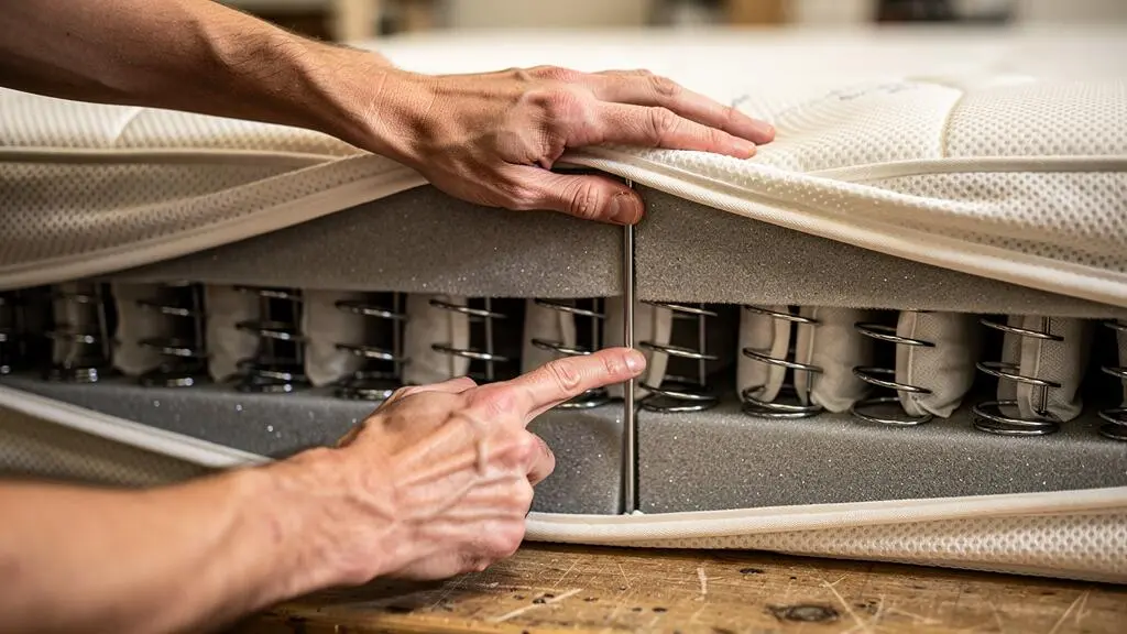 Des mains d'artisan soulèvent le coutil d'un matelas en atelier pour révéler les couches de garnissage et le cœur en ressorts ensachés.