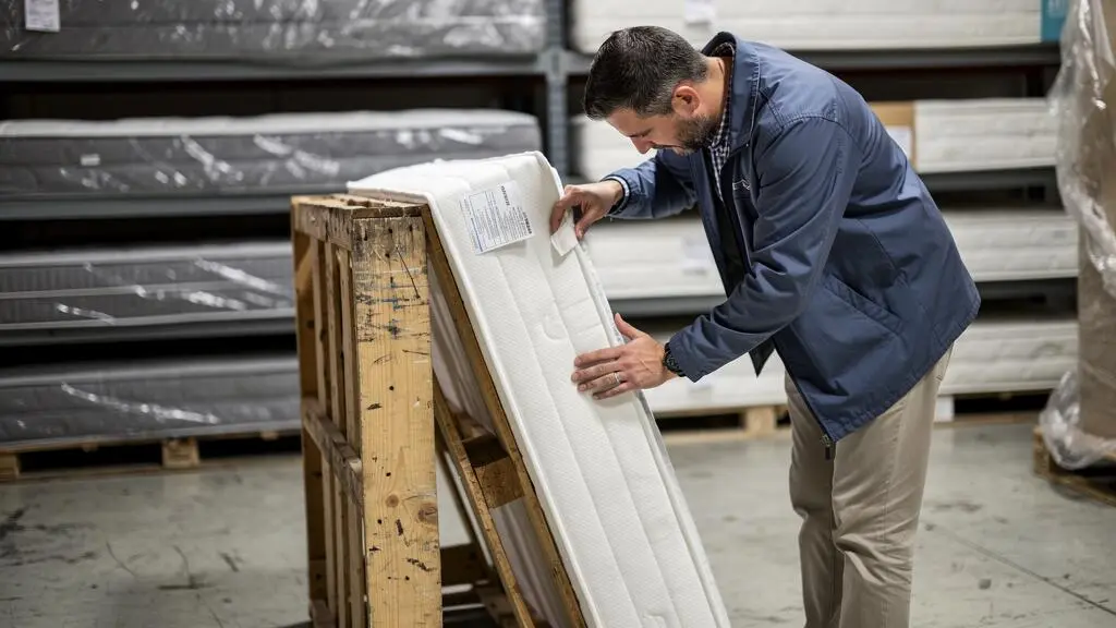 Une cliente examine l'étiquette d'un matelas ferme dressé contre une palette dans une réserve de literie.