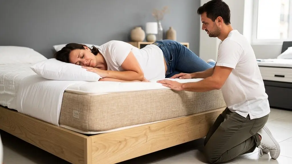 Une dormeuse teste un matelas ferme sur le côté pendant qu'un vendeur vérifie l'alignement de sa colonne vertébrale dans un showroom.