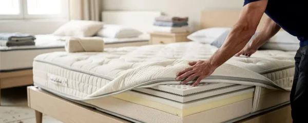 Un vendeur presse la main sur la surface d'un matelas ferme dans un showroom de literie pour montrer la différence entre soutien et accueil.